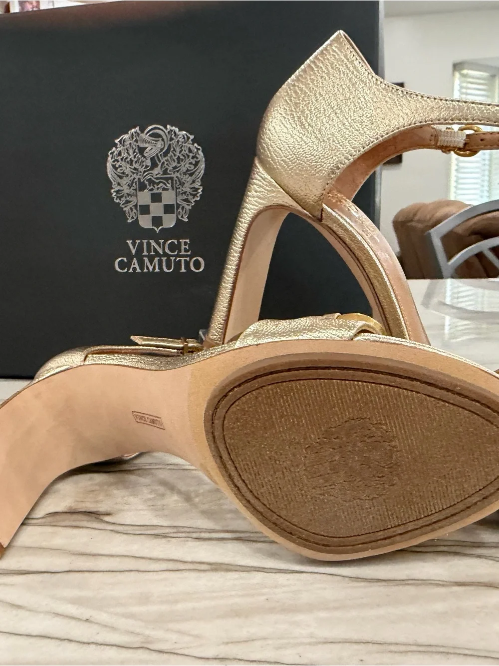 Vince Camuto Aurelia Egyptian Gold Leather Chain Link Heels Sandals 7.5M NIB
